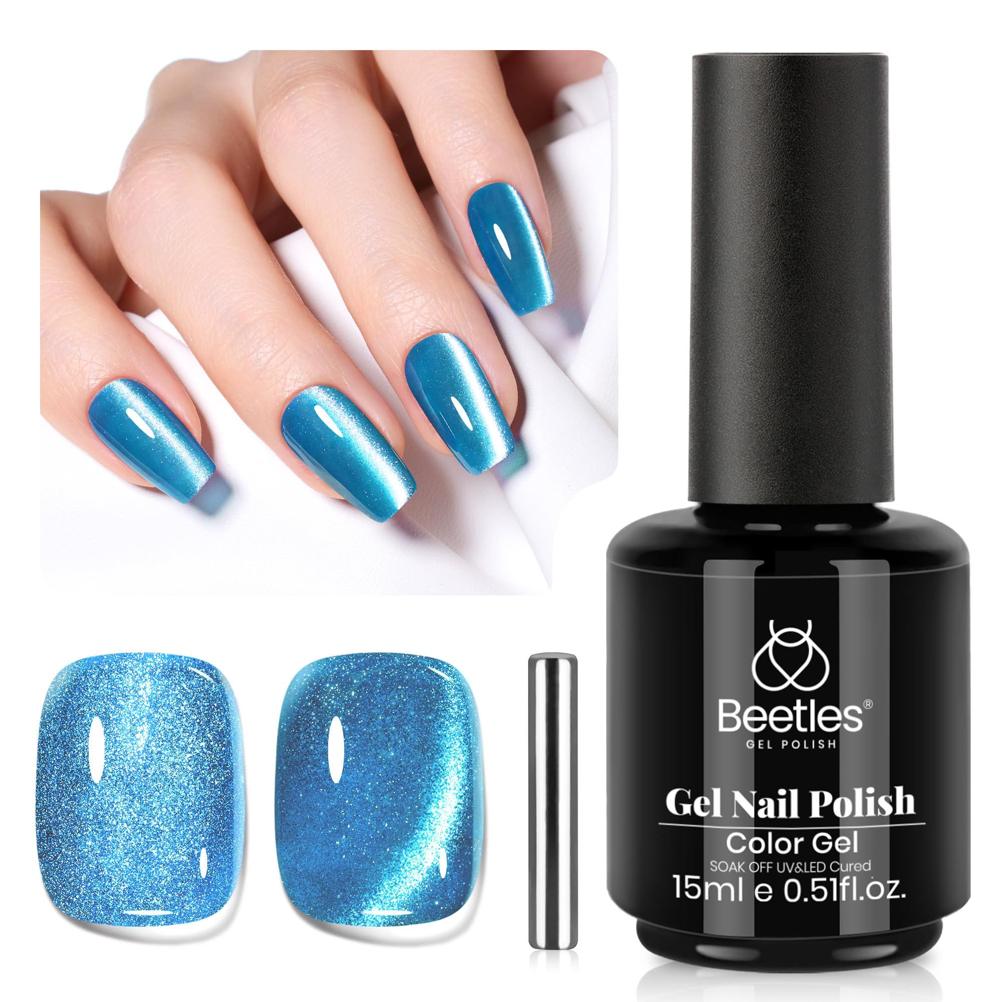 Beetles Blue Cat Eye gel polish bottle with magnet for customizable at-home nail art.