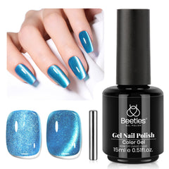 Beetles Blue Cat Eye gel polish bottle with magnet for customizable at-home nail art.
