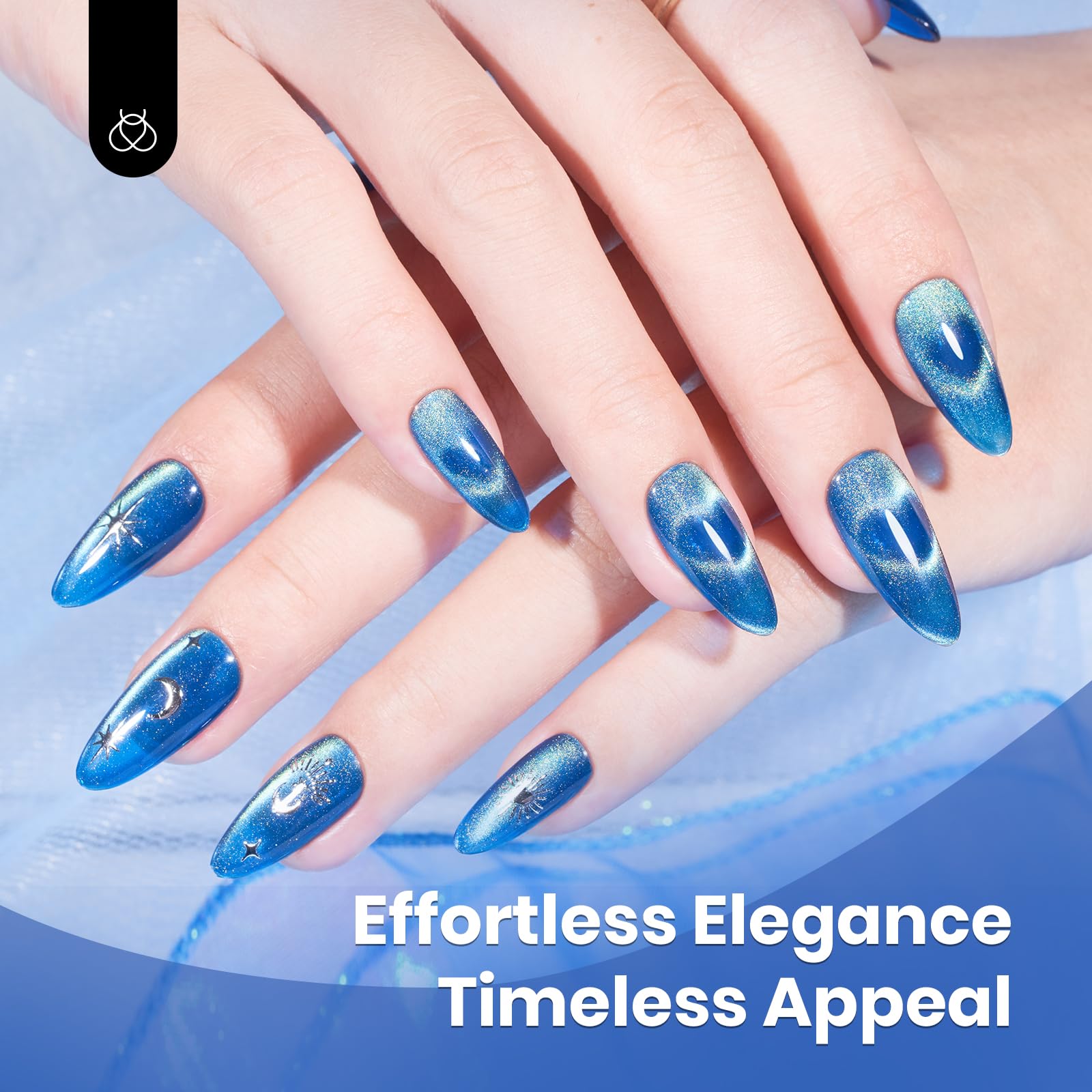 Beetles Blue Cat Eye Gel Polish swatch on nail reveals depth and shimmer.