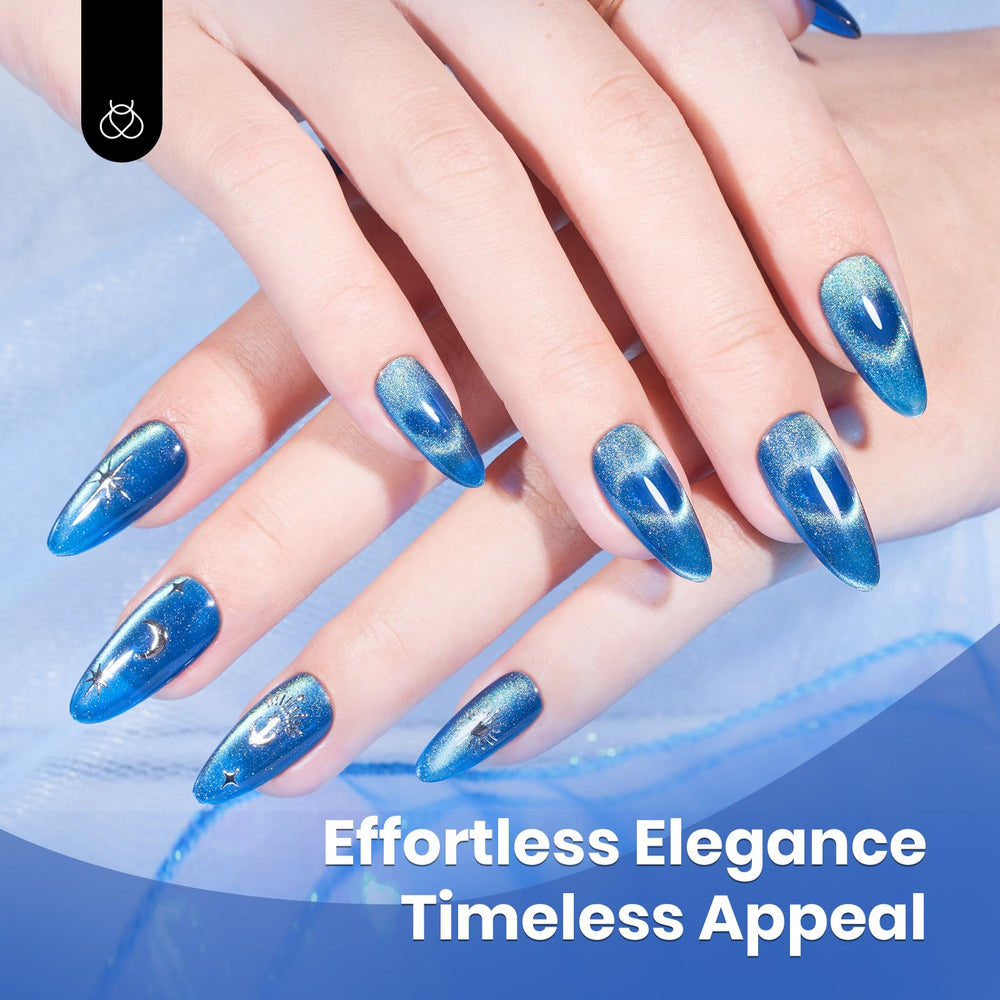 Beetles Blue Cat Eye Gel Polish swatch on nail reveals depth and shimmer.