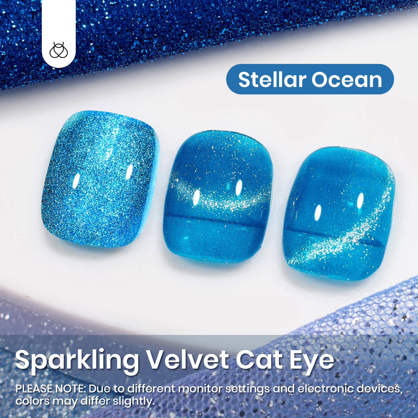 Beetles Blue Cat Eye glitter finish captured under light for vibrant nails.