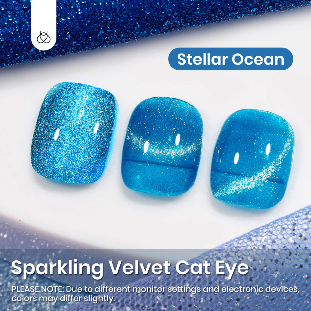 Beetles Blue Cat Eye glitter finish captured under light for vibrant nails.