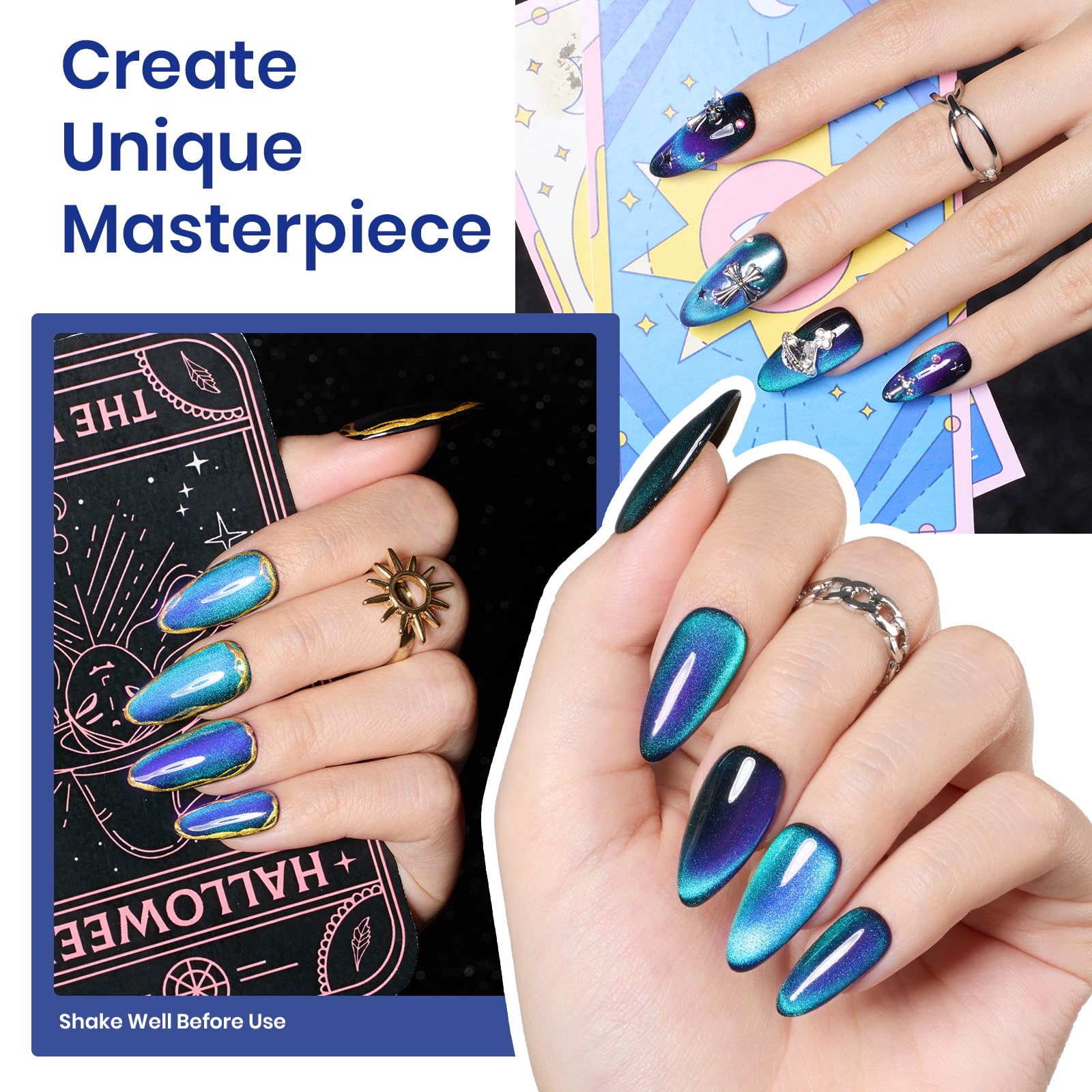 Beetles Blue Cat Eye holographic glow under lighting for eye-catching nails.
