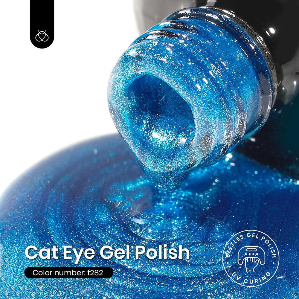 Beetles Blue Cat Eye magnet application swatch shows shifting shimmer from different angles.