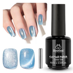 Beetles Blue Cat Eye Polish bottle shows vibrant light blue shimmer for DIY nails.