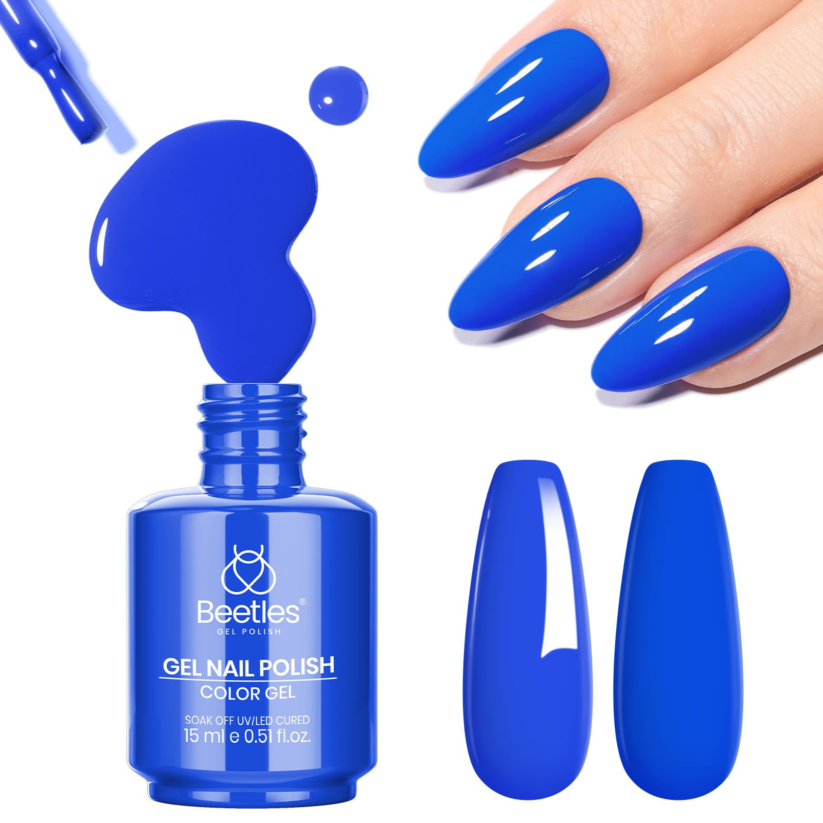 Beetles Blue Gel Polish bottle 15ml in royal blue for long-lasting color.
