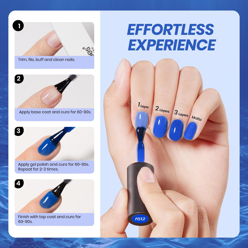 Smooth brush stroke applying Beetles blue gel polish on nails