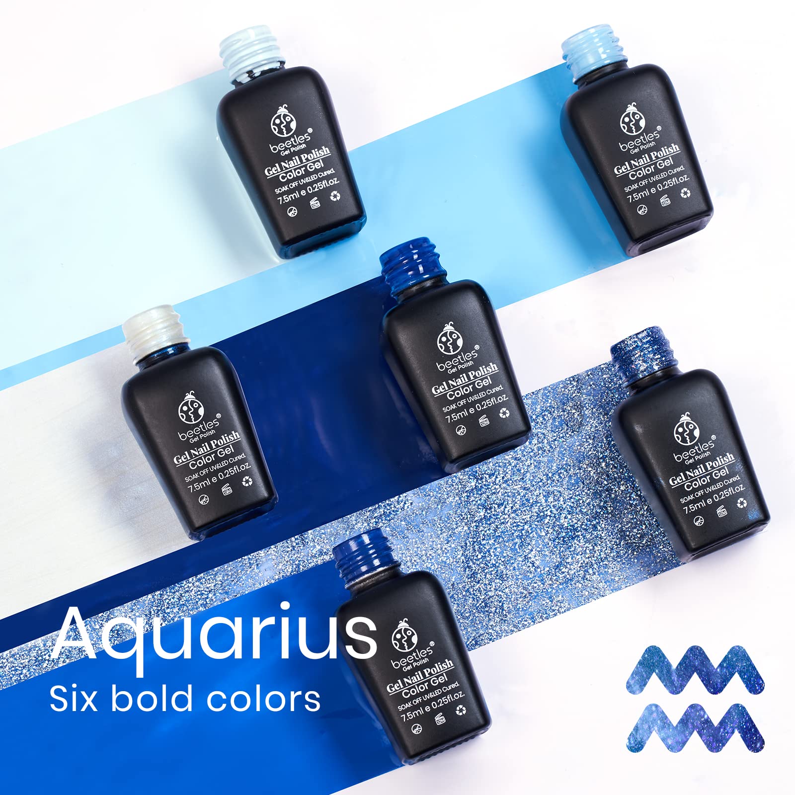 Beetles Aquarius Holy Water B370 swatch displays deep blue shimmer.