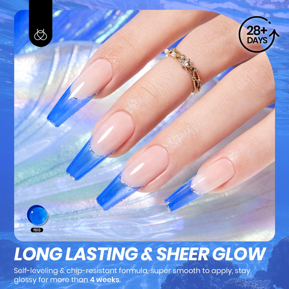 Finished Beetles blue jelly gel manicure with high-gloss shine