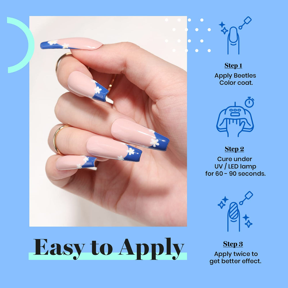 UV lamp curing Beetles Blue Gel Polish for a durable manicure.