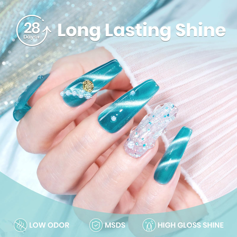 Beetles Blue gel nail swatch shows translucent, buildable color under magnet