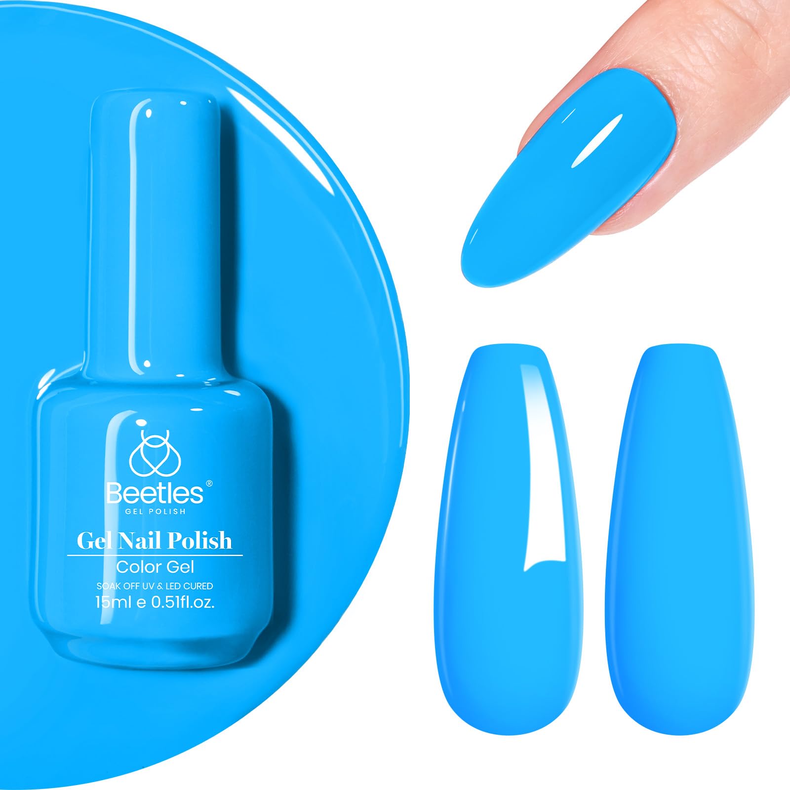 Beetles blue gel polish bottle close-up showcases vibrant color for long-lasting nails