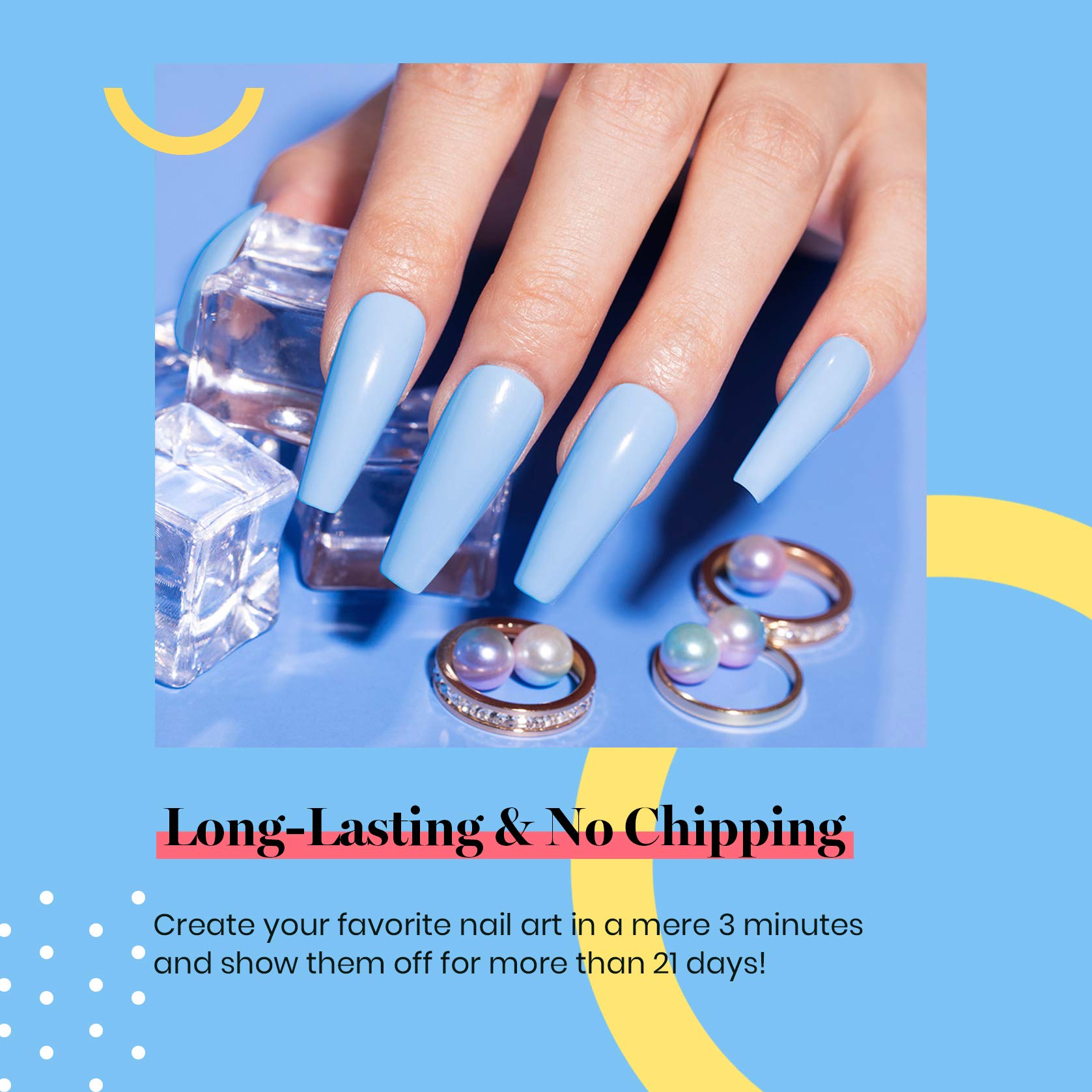 Beetles Blue Gel Polish on nails with a soft pastel manicure.