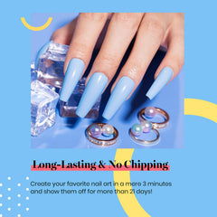 Beetles Blue Gel Polish on nails with a soft pastel manicure.