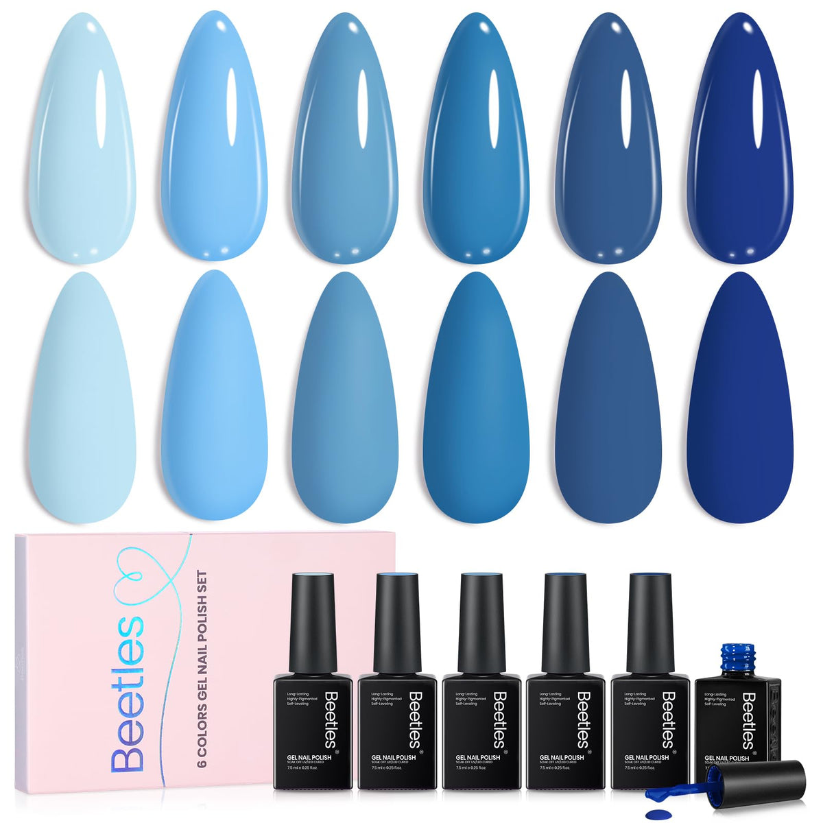 Beetles blue gel polish set with six ocean-blue shades for a chic manicure