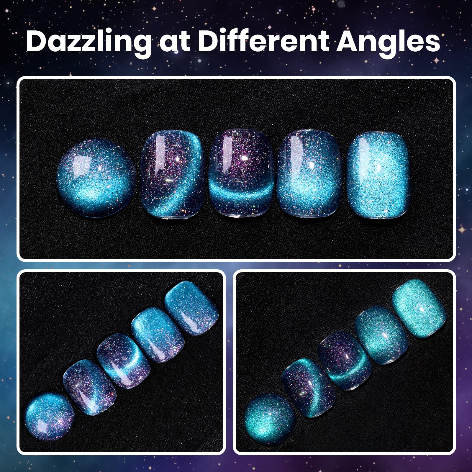 Beetles Blue Glitter nails in close-up highlight sparkle under light.