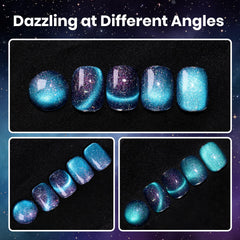 Beetles Blue Glitter nails in close-up highlight sparkle under light.