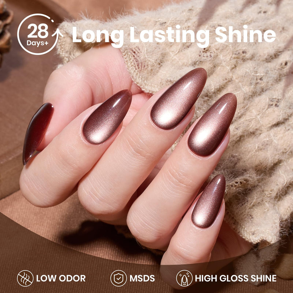 Beetles Brown Cat Eye Gel Polish during curing shows glossy fall-inspired finish