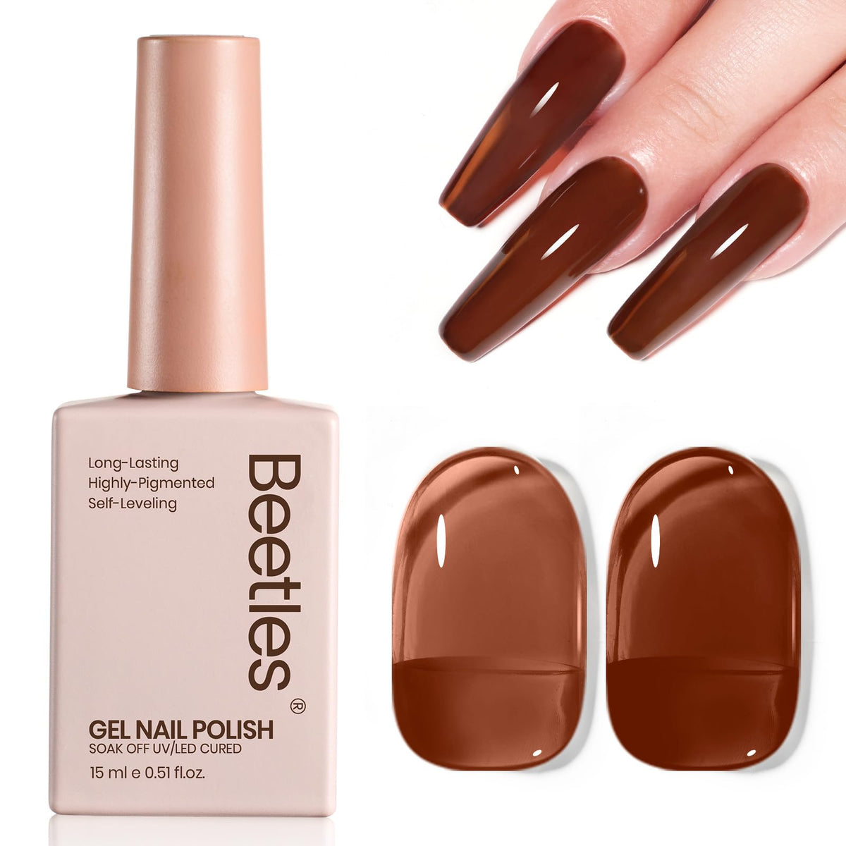 Beetles Brown Gel Nail Polish bottle closeup, showcasing mocha jelly shade for natural fall nails