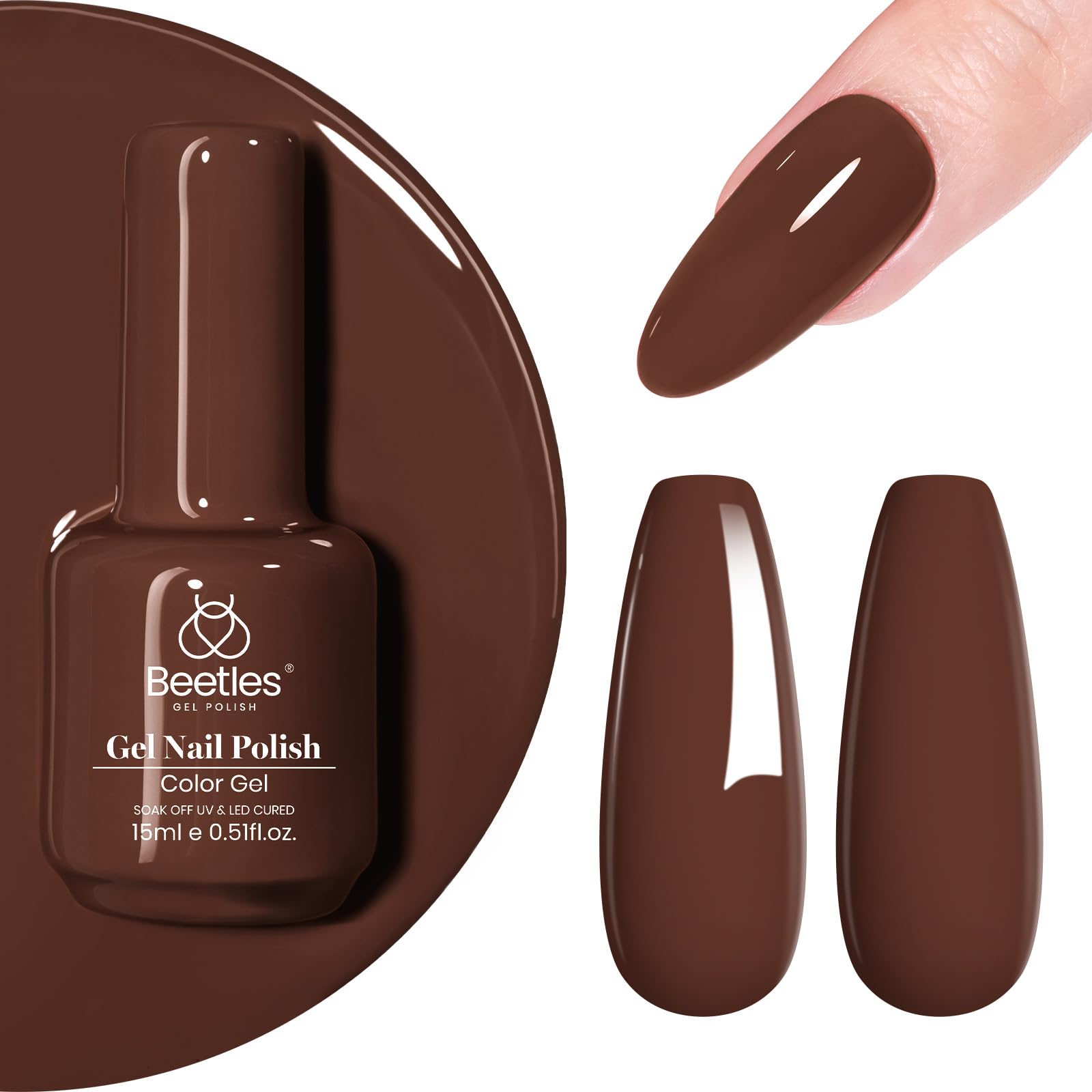 Beetles Brown Gel Nail Polish bottle shows rich chocolate coffee shade with lasting shine.