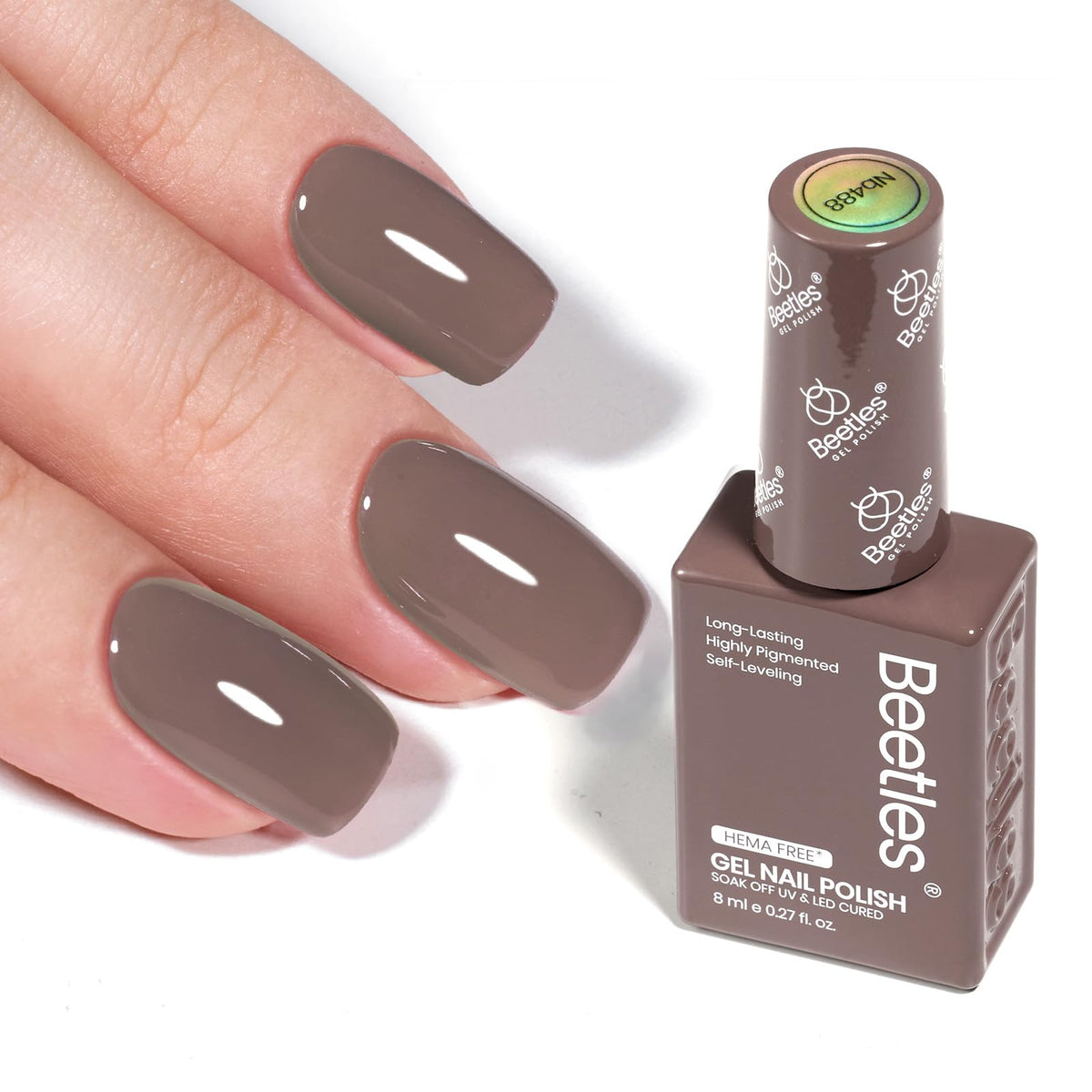 Beetles Latte Routine bottle shows a safe, long-lasting taupe gel polish.