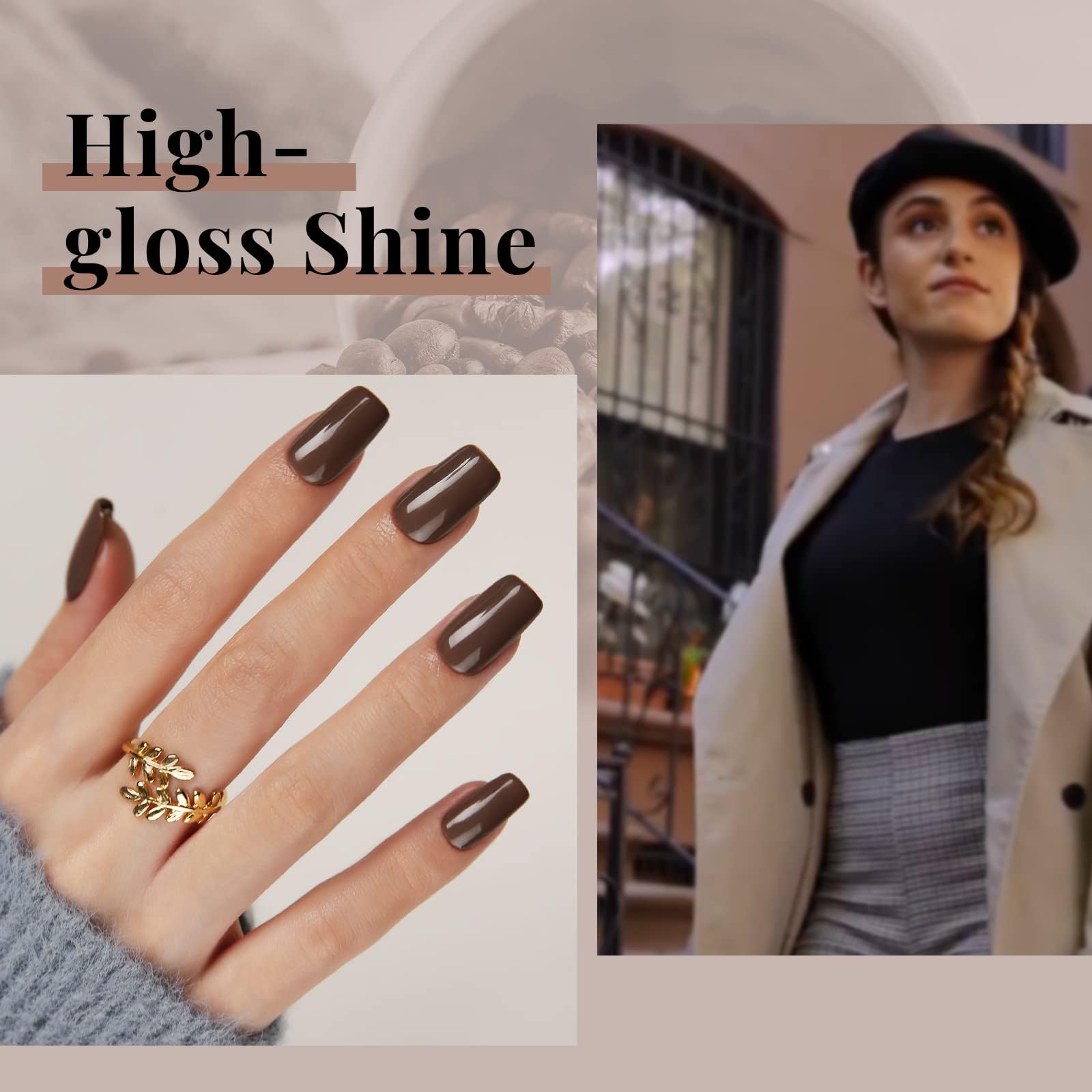 Beetles Brown Gel Polish bottle with soft lighting highlighting rich hue.