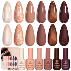 Beetles Brown Gel Polish: ensemble sur présentoir montrant six couleurs riches et chaudes.