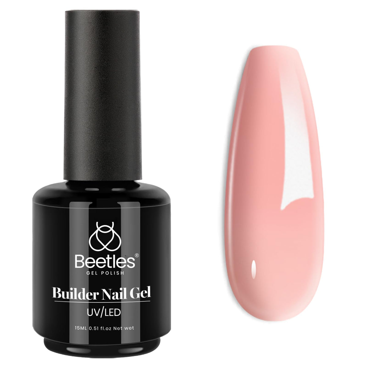 Beetles Builder Gel 15ml bottle closeup showing translucent pink nude formula for easy nail building.