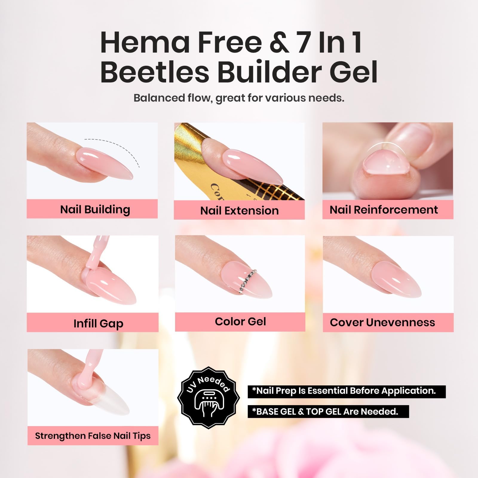 Beetles Builder Gel 7in1 application swatch demonstrates quick shaping and strong hold.