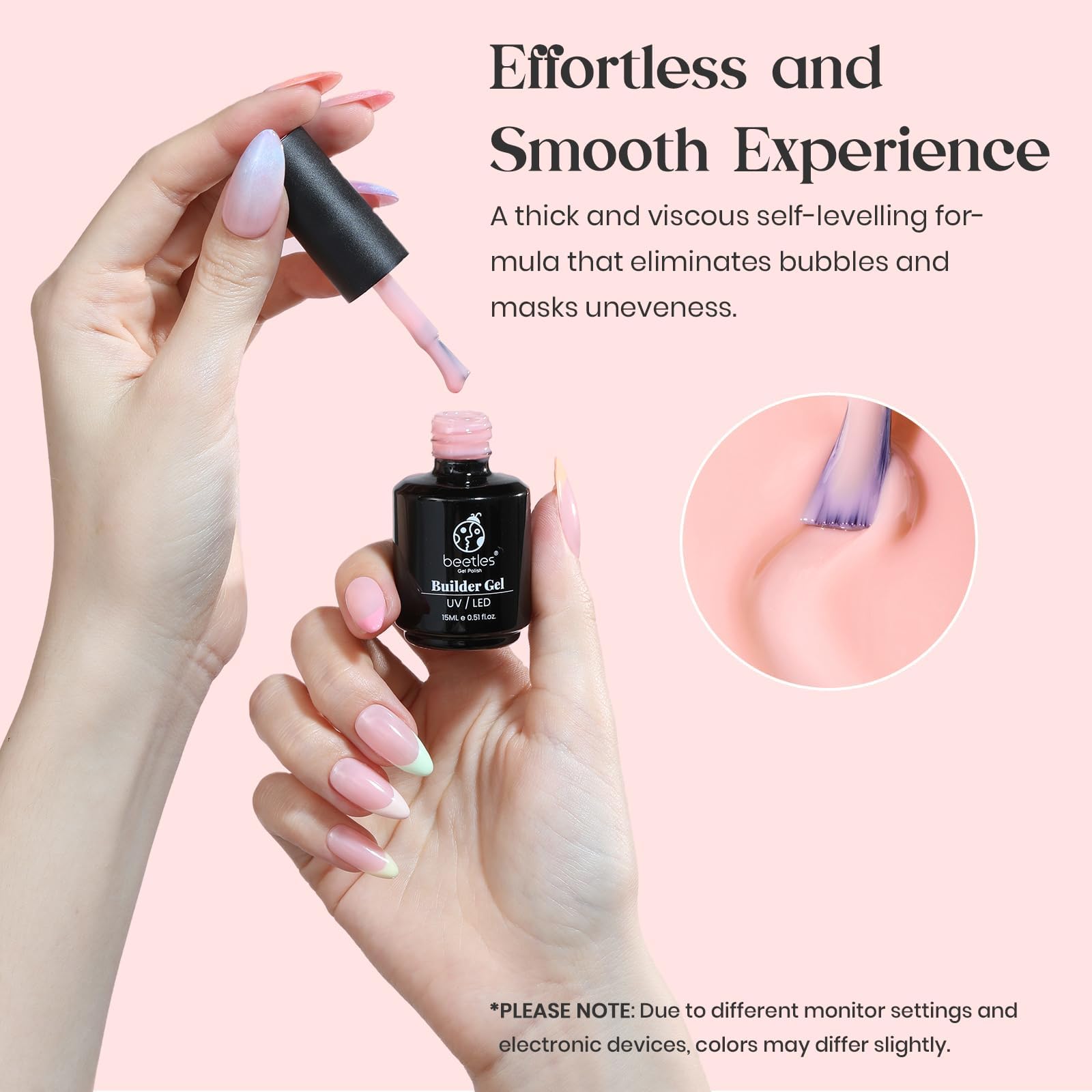 Beetles Builder Gel finished nails showcase sheer pink nude shine.