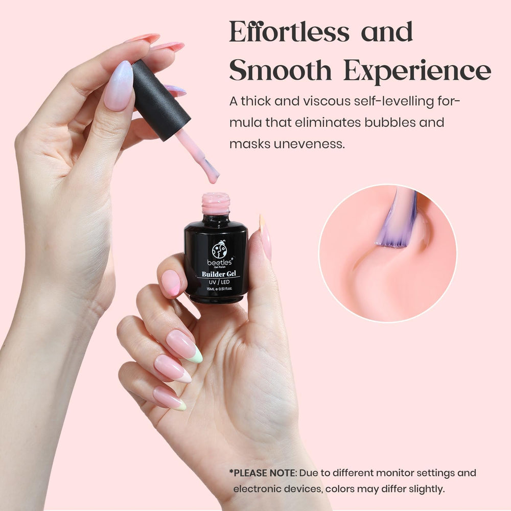 Beetles Builder Gel finished nails showcase sheer pink nude shine.