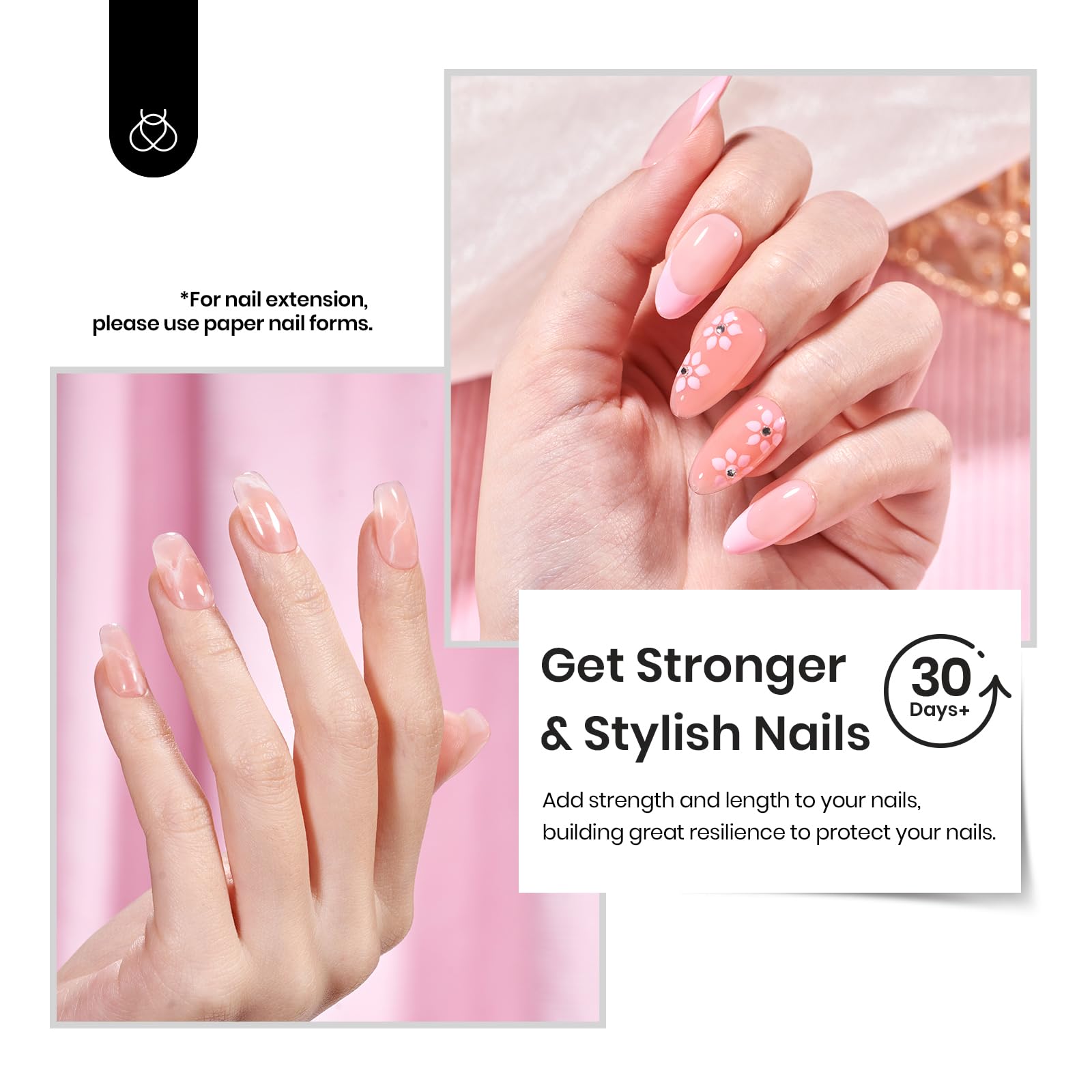 Beetles Builder Gel on nail extensions illustrating 7-in-1 strength