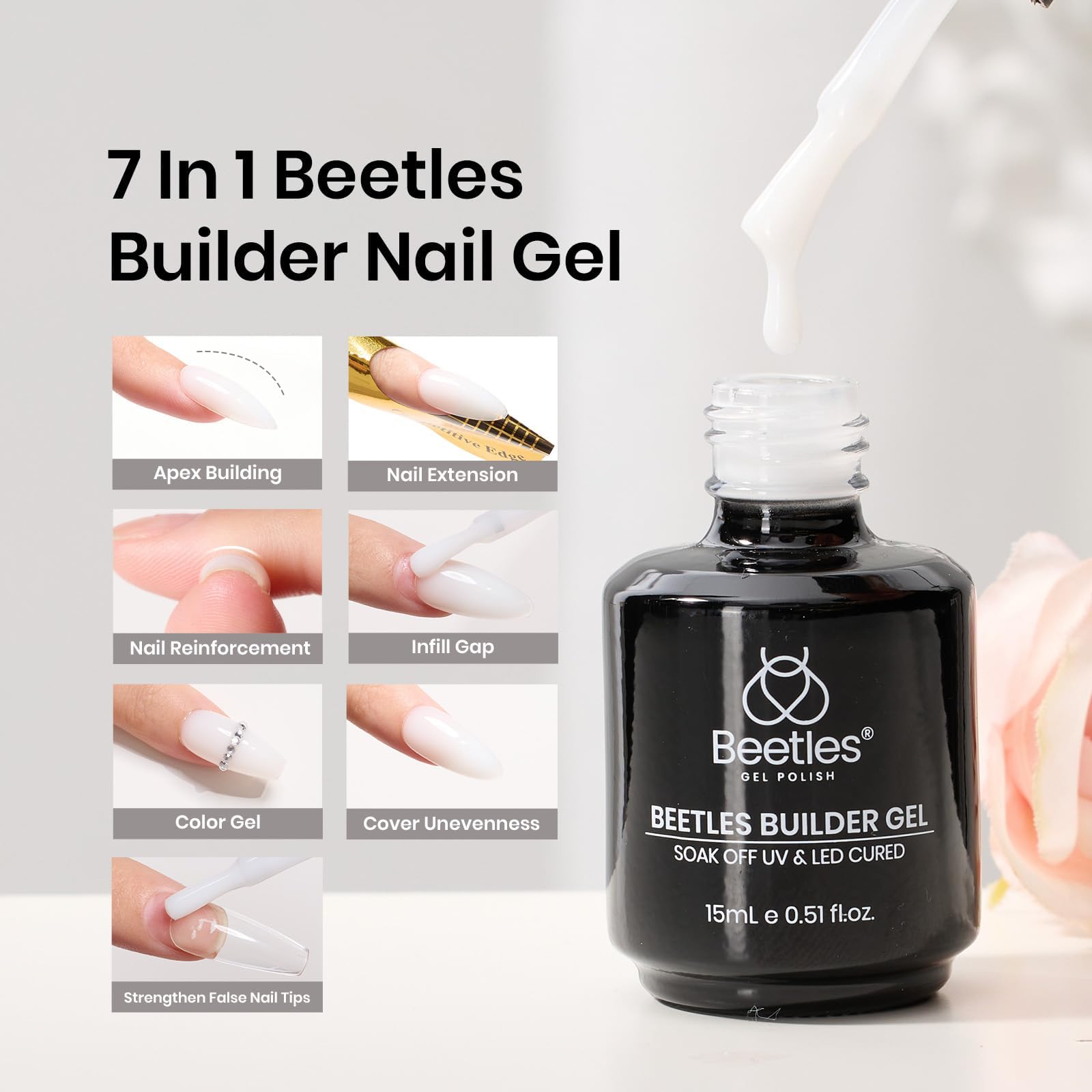 Beetles Builder Gel nail extensions after cure reveal strong lightweight results.