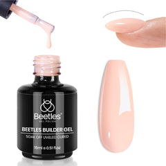 Beetles Builder Gel nude bottle close-up for at-home nails with easy application.