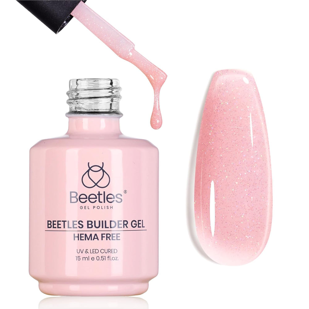 Beetles Builder Gel pink glitter creates apex and nail extensions.