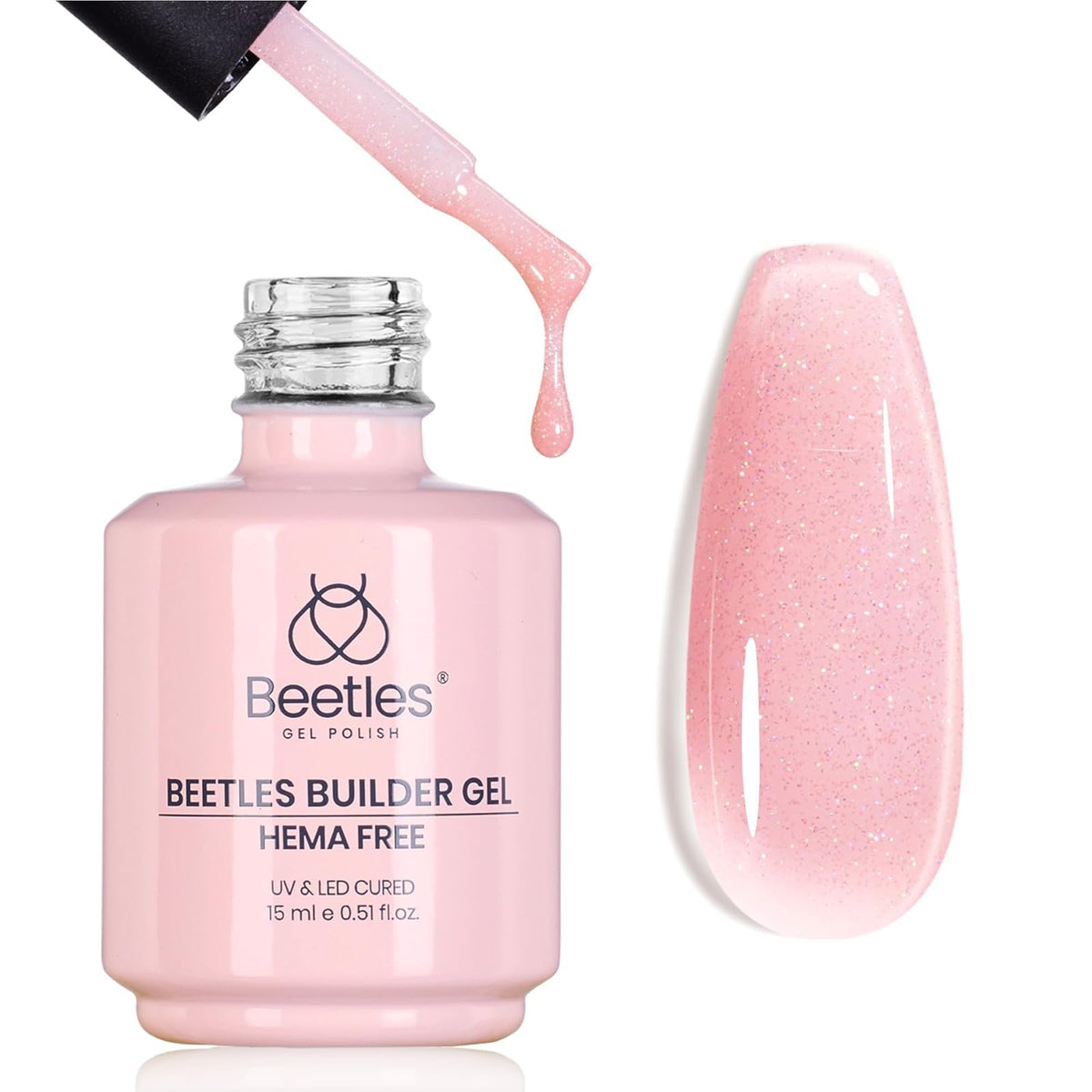 Beetles Builder Gel pink glitter creates apex and nail extensions.