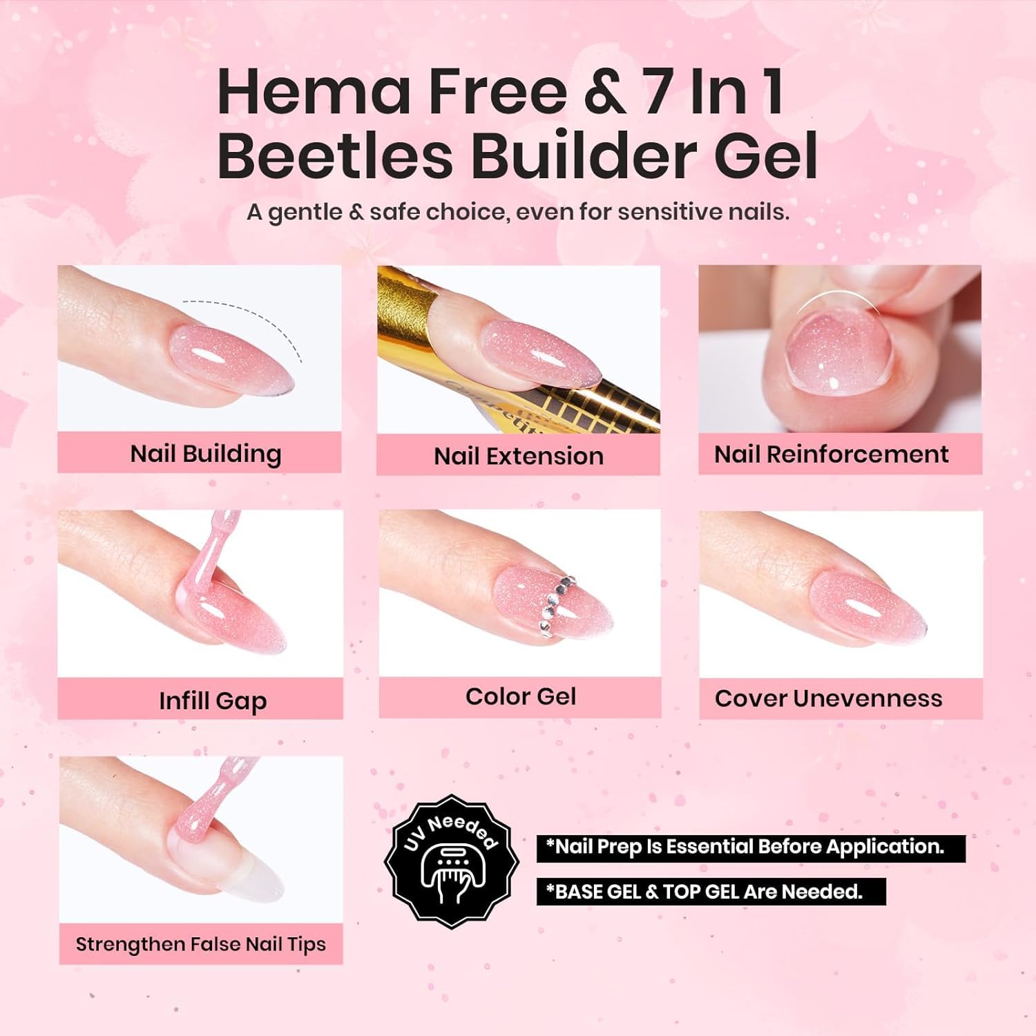 Beetles Builder Gel pink glitter serves as color gel for quick polish.