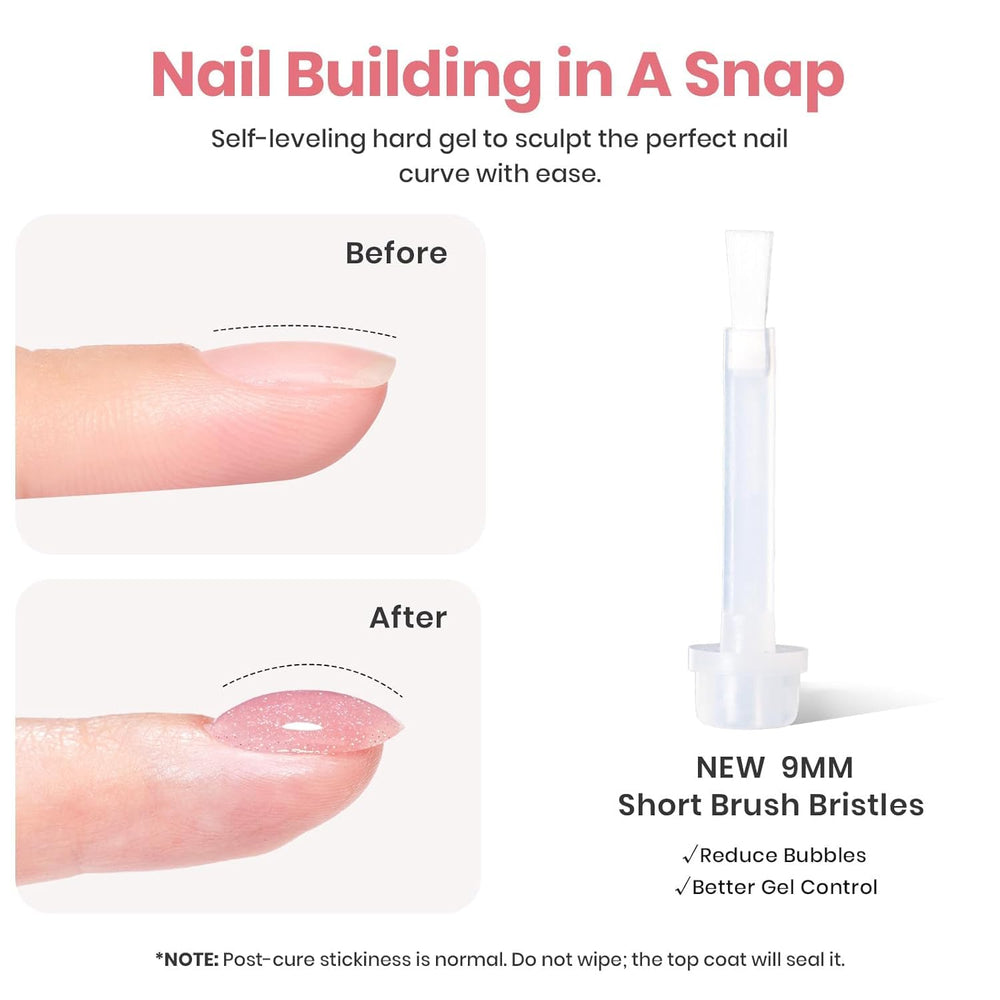 Beetles Builder Gel pink glitter fills gaps for seamless nail tips.
