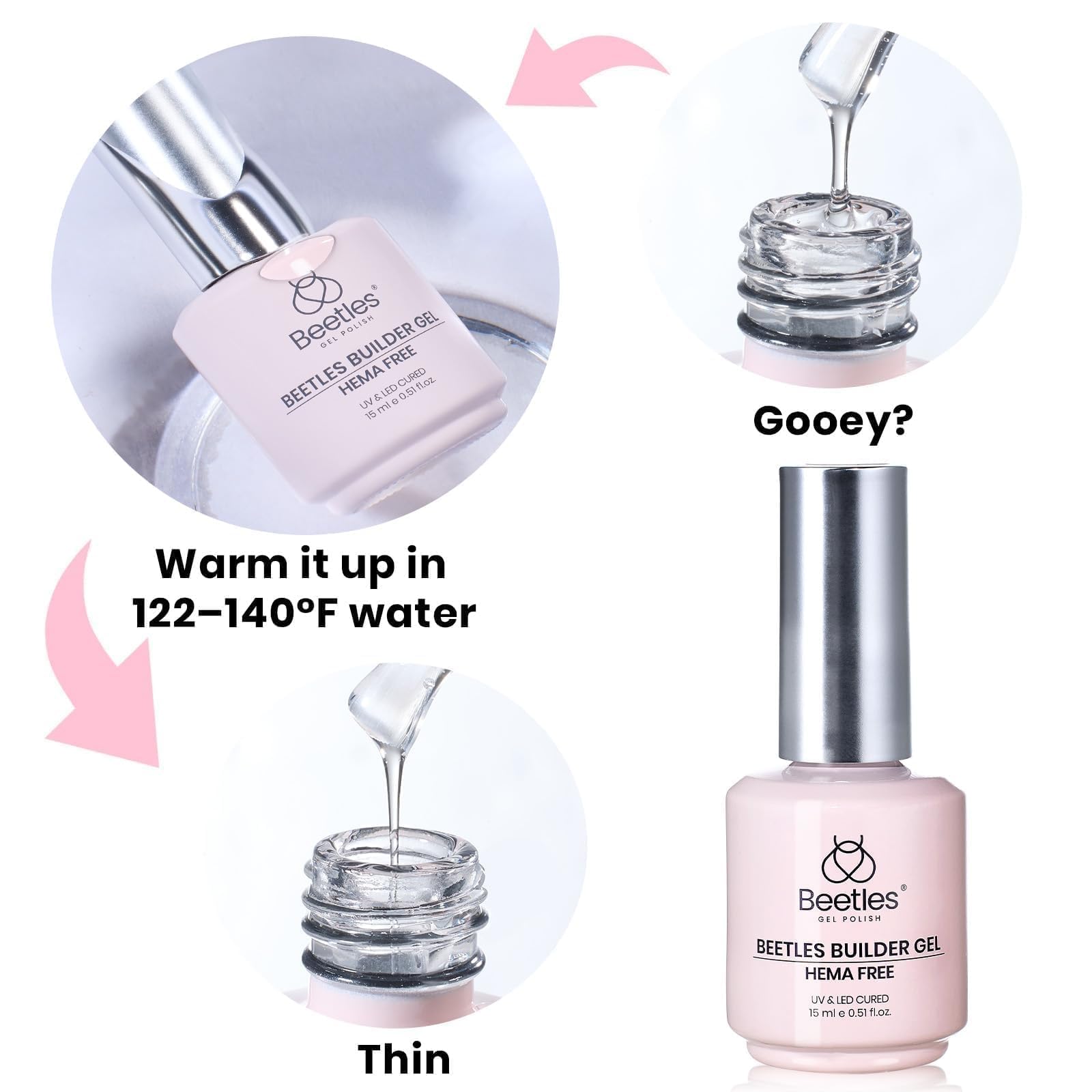 Beetles Builder Gel pink glitter supports nail extension and apex shaping.