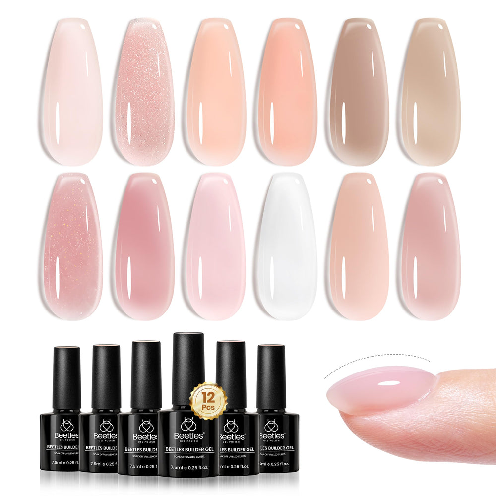 Beetles Builder Gel Set in 12 colors display for versatile nail art and overlays