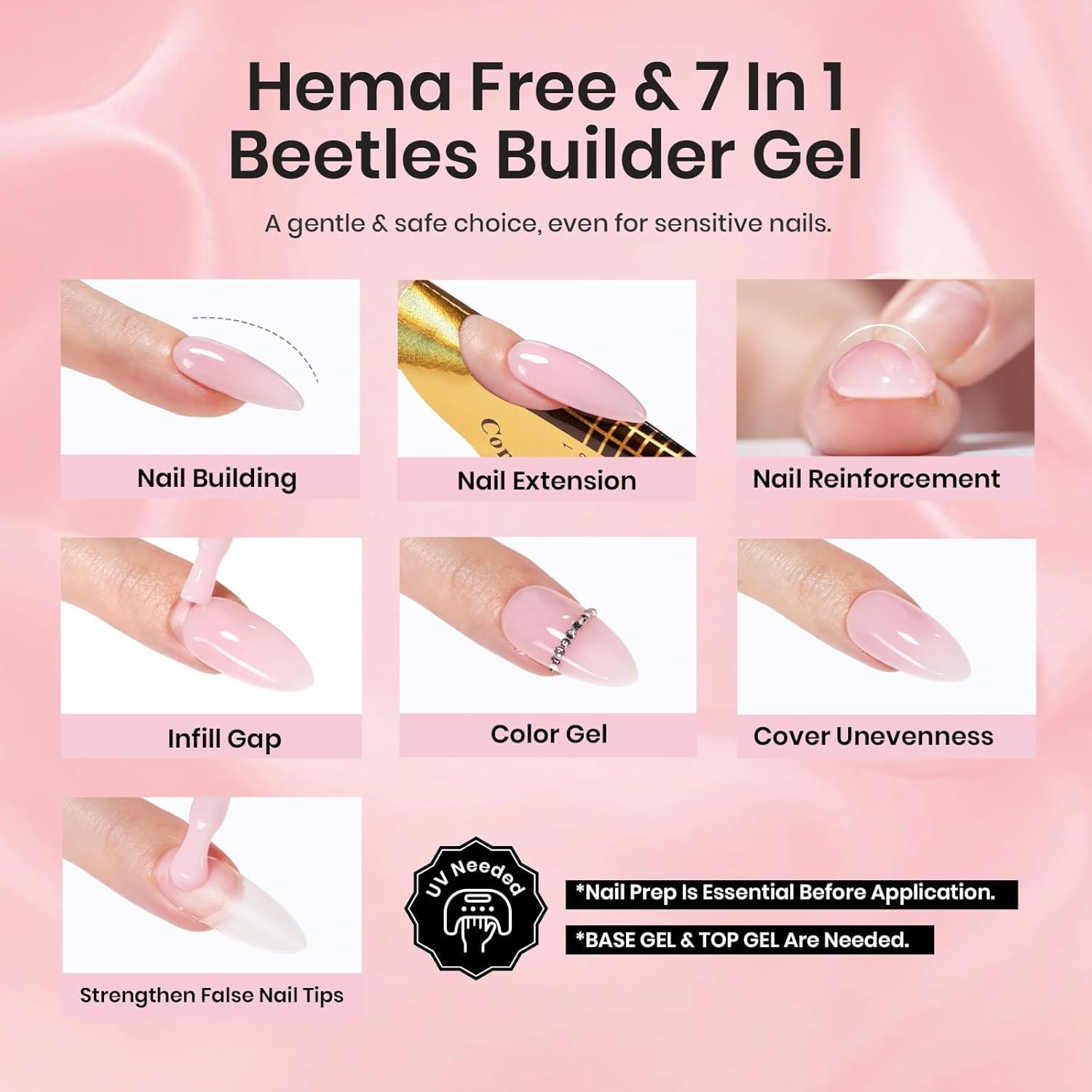 Beetles Builder Gel Set base coat and top coat provide a lasting shine