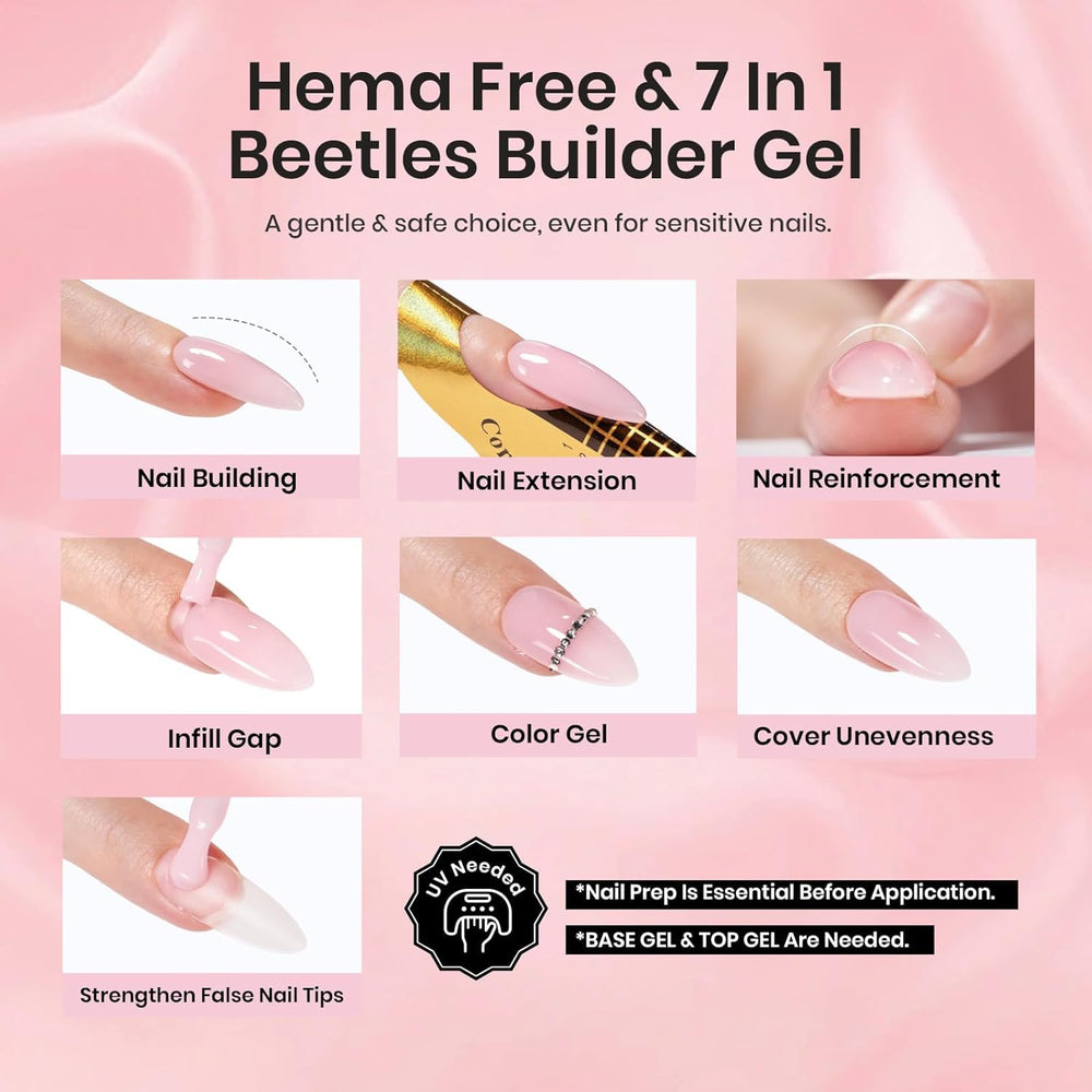 Beetles Builder Gel Set base coat and top coat provide a lasting shine