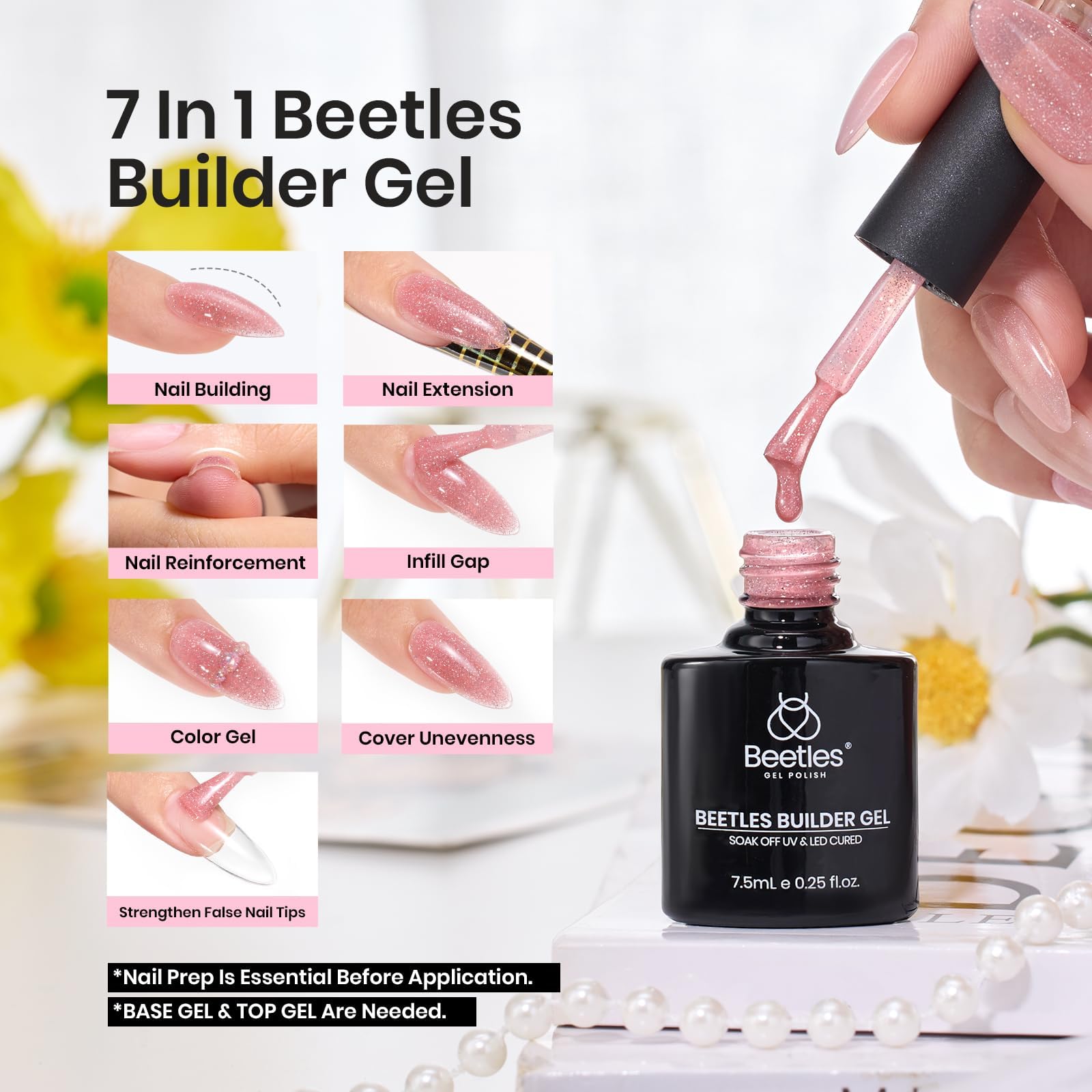 Beetles Builder Gel Set nude pink glitter for natural-looking extensions at home.