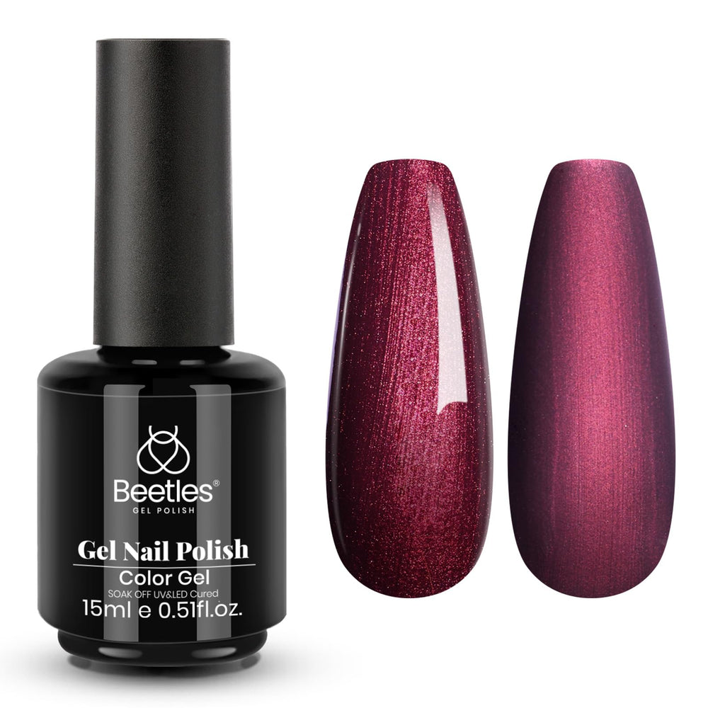 Beetles Burgundy Glitter Gel Polish bottle shows rich burgundy sparkle for a luxe manicure.