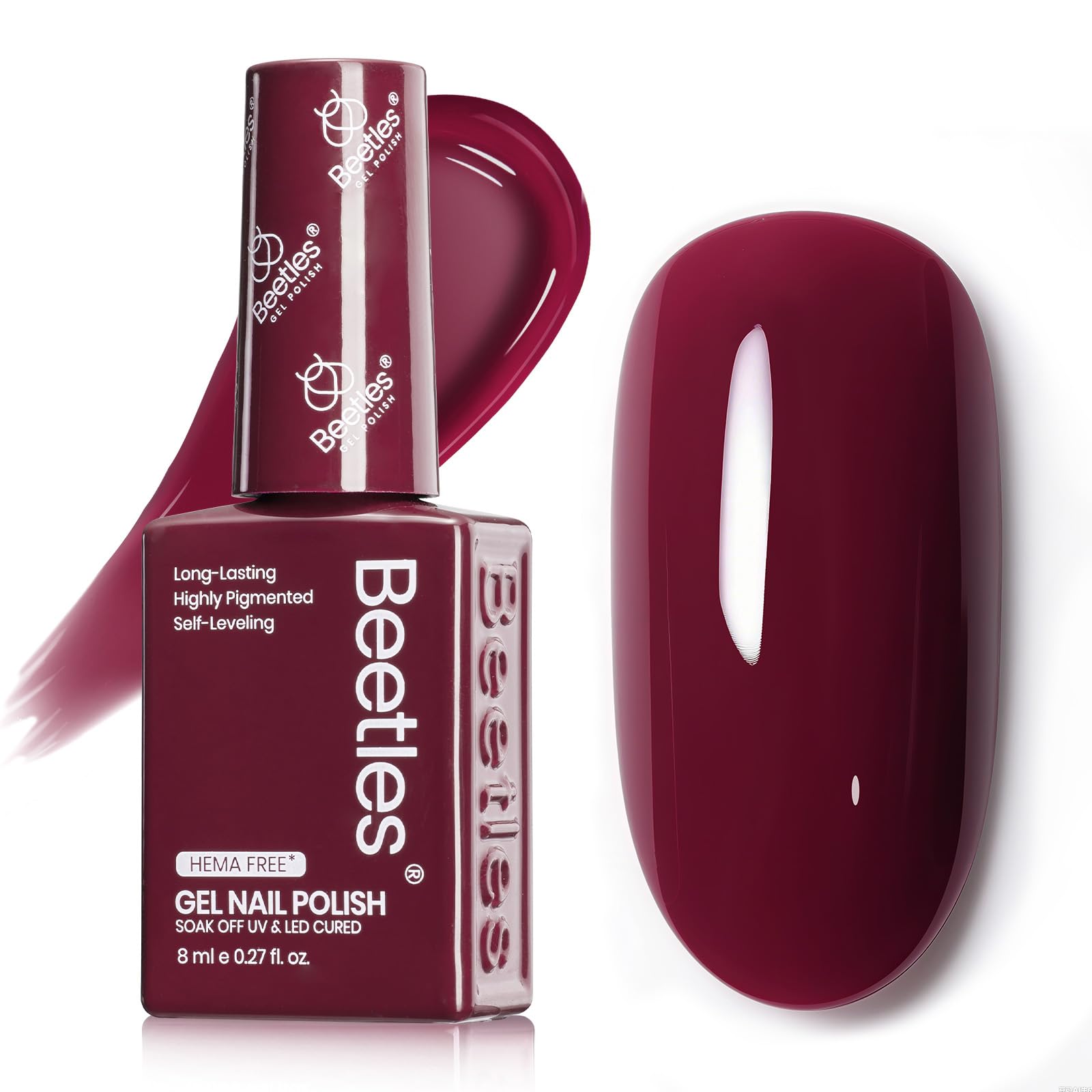 Beetles Burgundy Red gel polish bottle close-up showcases rich shade for nails
