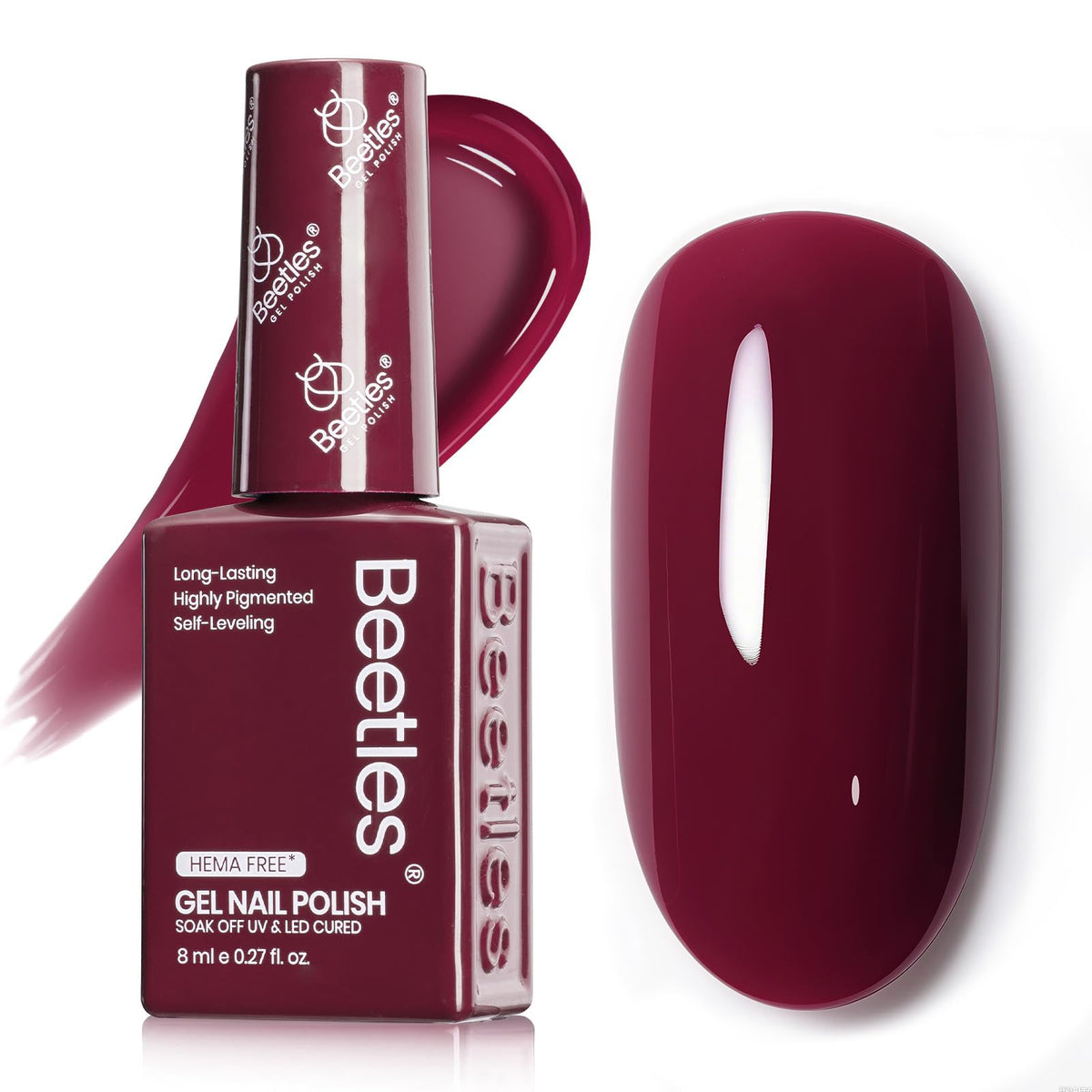 Beetles Burgundy Red gel polish bottle close-up showcases rich shade for nails