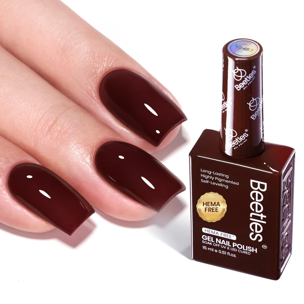 Be beetles Burgundy Red gel polish bottle display showing deep wine shade for chic nails
