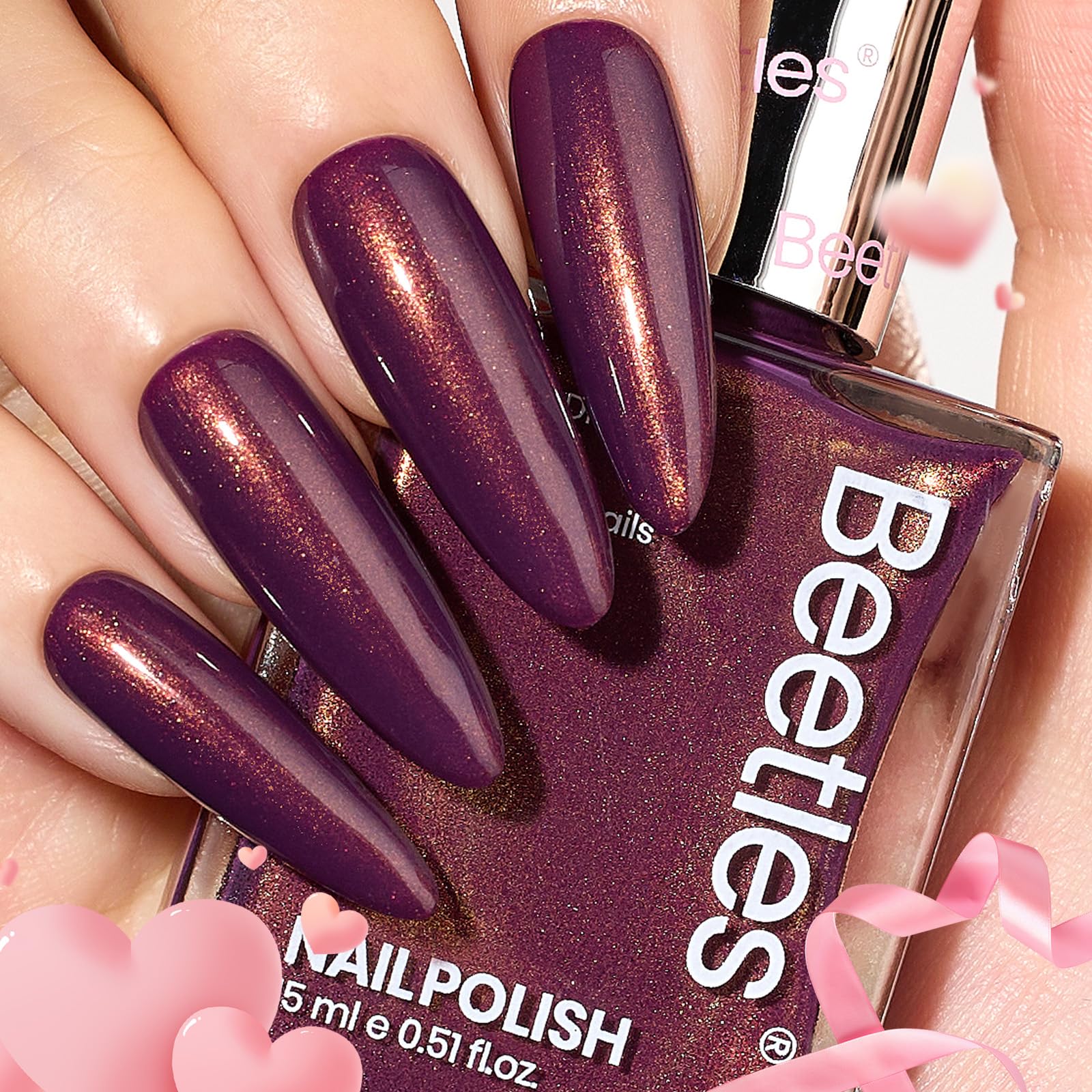 Beetles burgundy red nail polish bottle with 15ml glass showing long-lasting color.