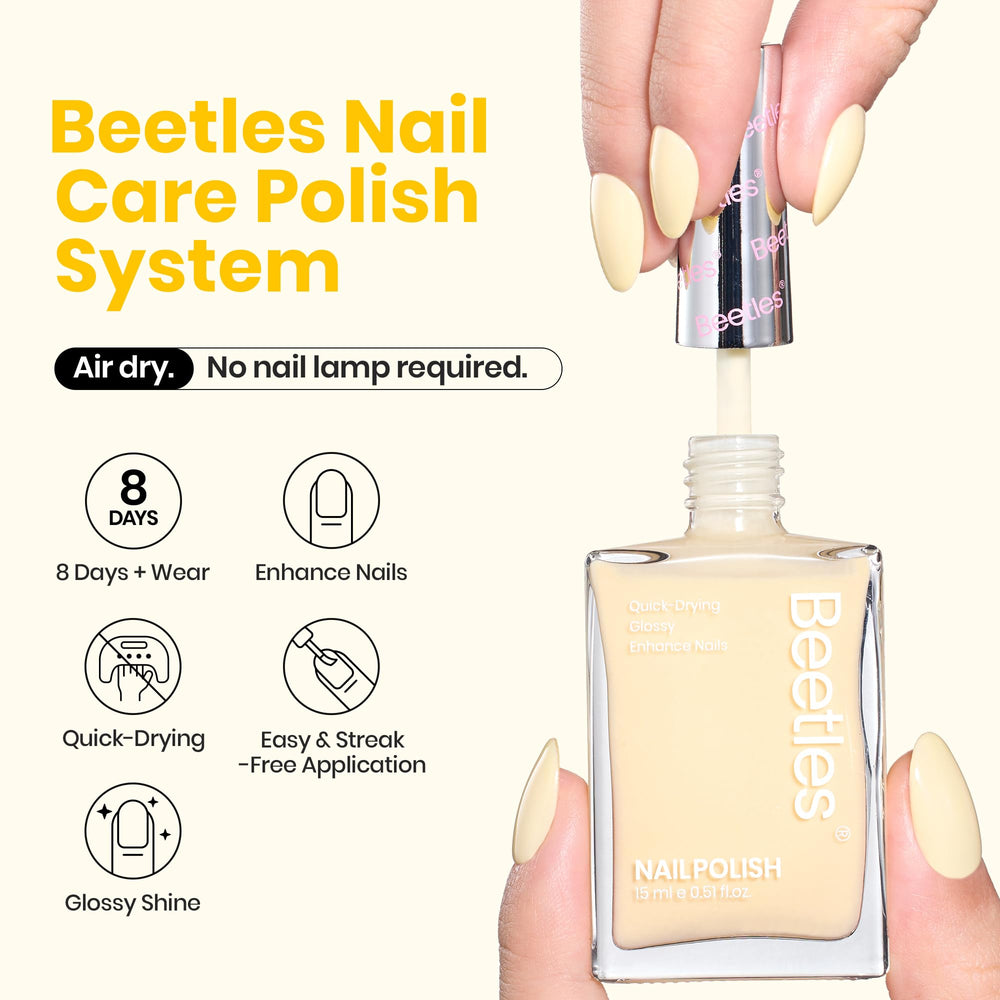 Beetles Butter Yellow polish brush stroke on nail, quick-dry finish suggested.