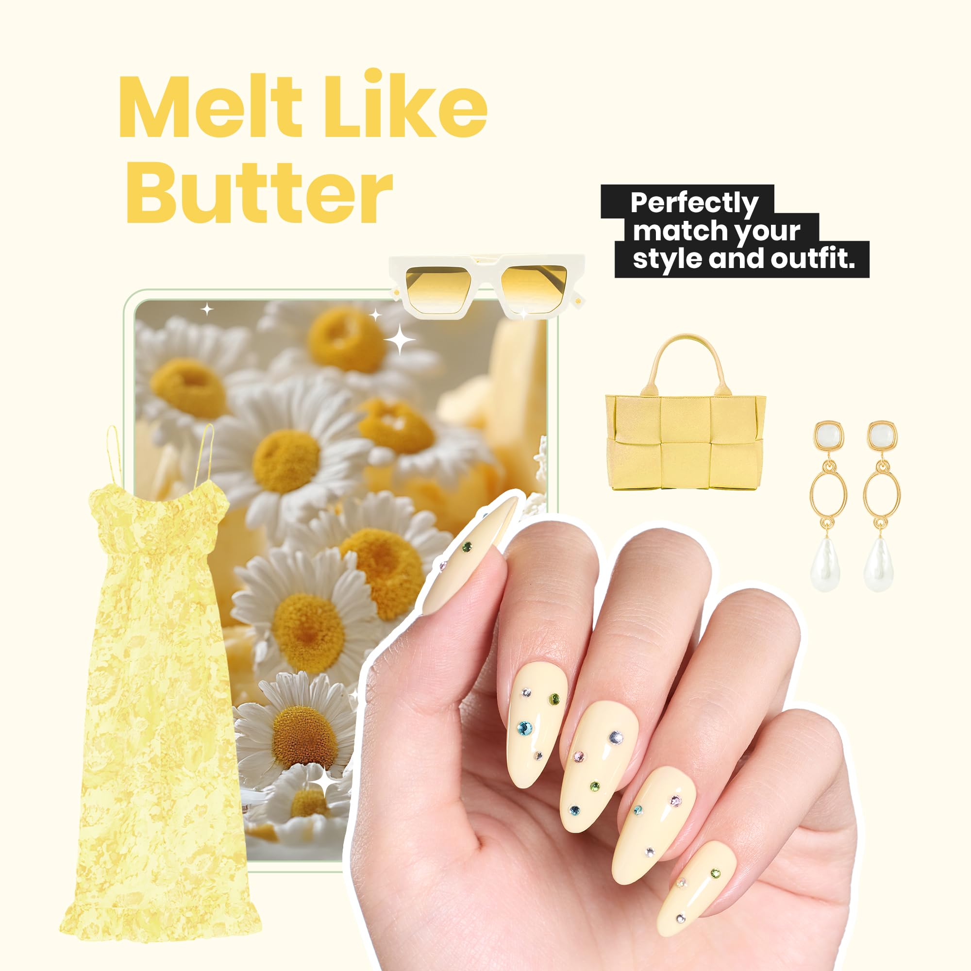 Beetles Butter Yellow on nails, high gloss and smooth appearance.